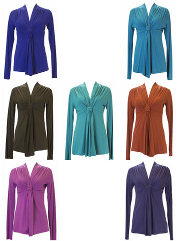 ANALILI Women's Knot Front V-Neck Long Sleeve Top $135 NEW