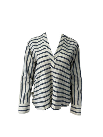 DEREK LAM Women's Blue V-Neck Stripped Shirt #702SL 4 NWT