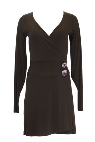 ANALILI Women's Oversized Buttons Accent Long Sleeve Wrap Dress Small Brown