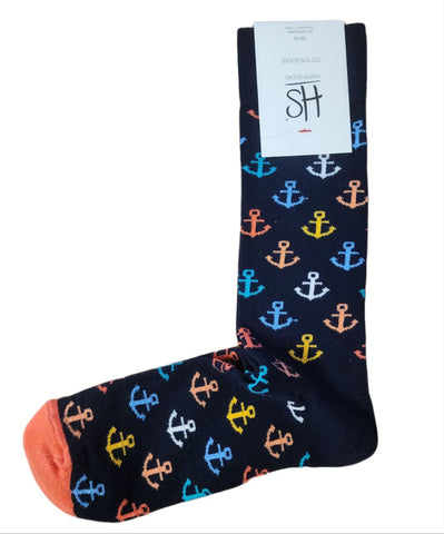 HAPPY SOCKS Men's Navy Multi Anchors Cotton Crew Socks Size 8-12 NWT