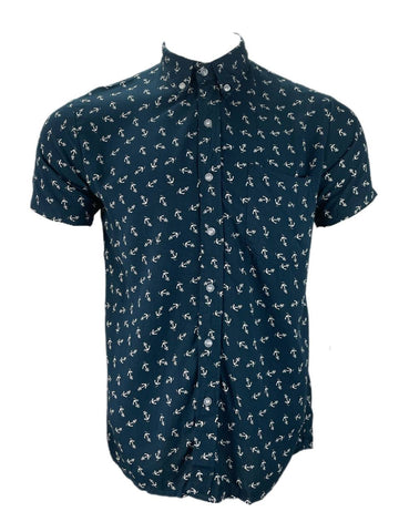 HANDSOME ME Men's Blue Anchor Print Button Down Shirt Size S NWT