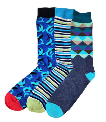 HAPPY SOCKS Men's Blue Stretchy Soft Cotton 3 Pairs Set Socks Size 8-12 NWT