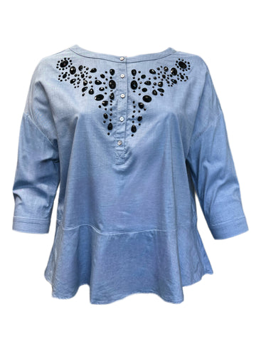 Marina Rinaldi Women's Blue Baccheo Embellished Button Down Shirt Size 12W/21