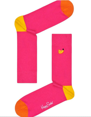 HAPPY SOCKS Men's Pink Cotton Crew Embroidery Banana Sock Size 8-12 NWT