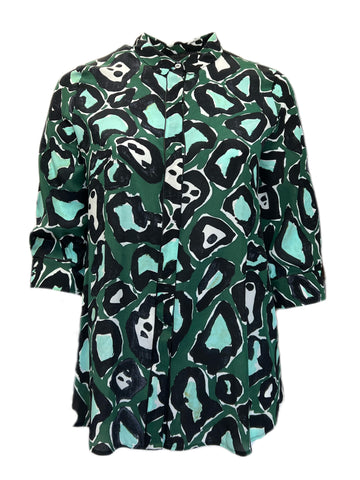 MARINA RINALDI Women's Green Bavarese Printed Silk Blouse $720 NWT