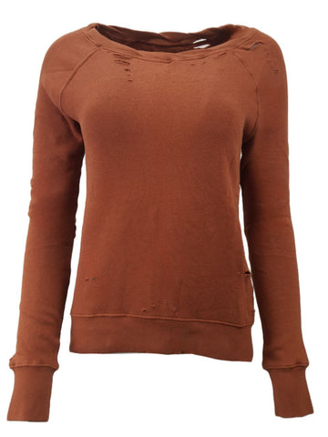 PAM & GELA Women's Brown Rust Annie Destr Sweatshirt #B00F Petite X-Small NWT