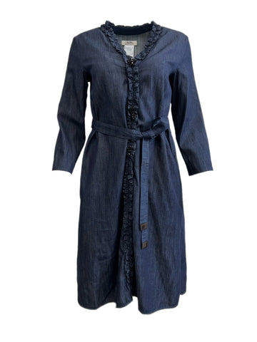 Max Mara Women's Midnight Blue Denimk Ruffle Front Cotton Dress Size 2 NWT