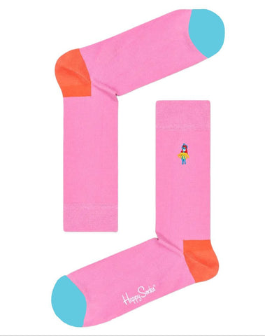 HAPPY SOCKS Women's Pink Embroidery Hula Dancer Cotton Crew Socks 10-12.5 NWT