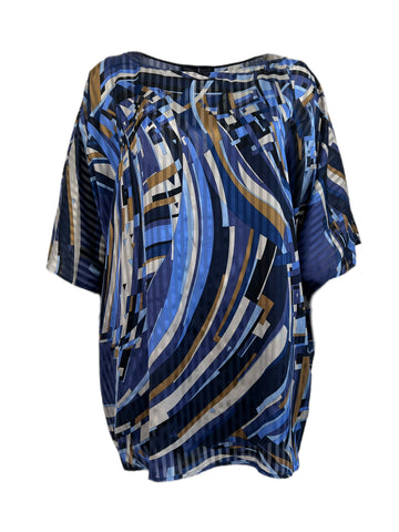 Marina Rinaldi Women's Blue Farnese Printed Silk Blouse NWT