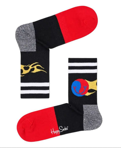 HAPPY SOCKS Men's Black Flame Athletic 3/4 Crew Arch Support Socks 8-12 NWT
