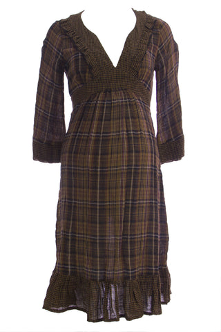 OLIAN Maternity Womens Glen Plaid Loose 3/4 Sleeve Volan Hem Dress X-Small Brown
