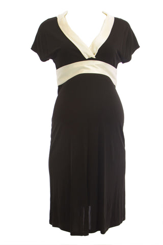 OLIAN Maternity Women's Black Contrast Collar & Belt Short Sleeve Dress $148 NWT