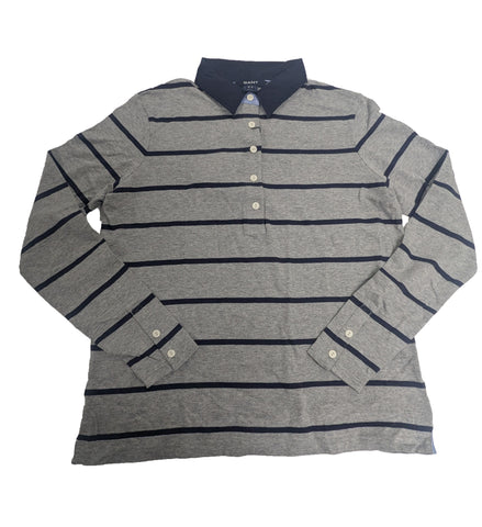 GANT Women's Grey Melange Breton Stripe Heavy Rugger Polo 408101