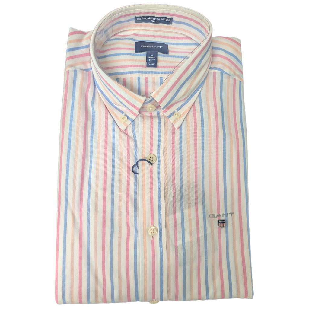 GANT Slim Fit Pink Rose Broadcloth 3 Color Stripe Shirt 3058002 Size M NWT