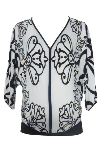 OLIAN Maternity Women's White Black Floral Print V-Neck Blouson Top $105 NWT