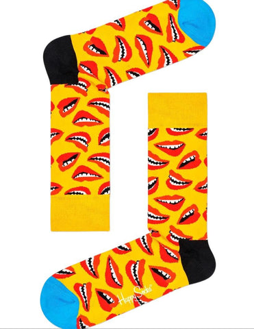 HAPPY SOCKS Women's Yellow Lips Combed Cotton Socks Size 5.5-9.5 NWT