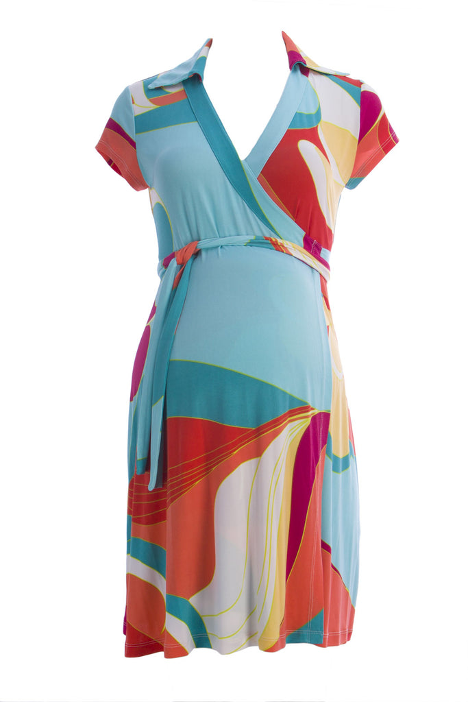 OLIAN Maternity Womens Abstract Print Short Sleeve Wrap Dress Sz X-Small Teal