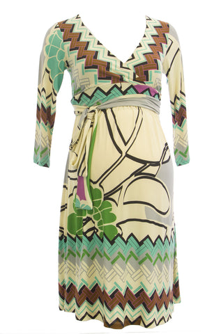 OLIAN Maternity Women's Geometric Print Wrap Around Sash Dress X-Small Ivory