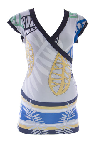 OLIAN Maternity Women's Silver Leaf Print Short Sleeve Wrap Tunic Top $110 NWT