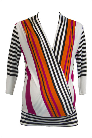 OLIAN Maternity Women's Multi Stripe Elbow Sleeve Nursing Wrap Top XS $115 NWT