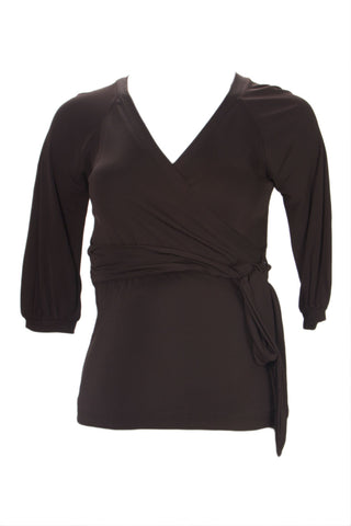 OLIAN Maternity Women's Brown Elbow Sleeve True Wrap Blouse XS $98 NWT