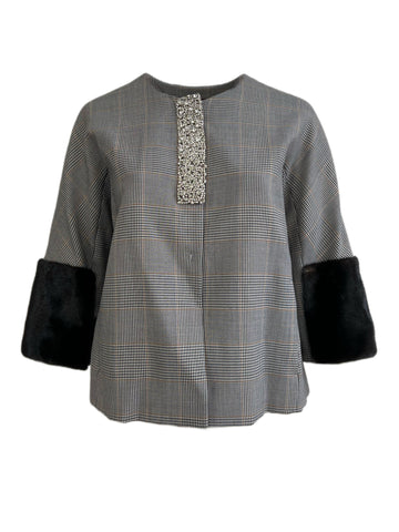 Marina Rinaldi Women's Nero Nobel Embellished Mink Fur Sleeve Jacket NWT