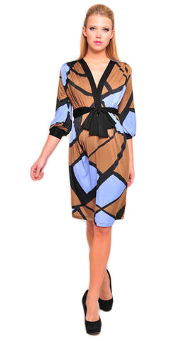 OLIAN Maternity Women's Brown Blue Geometric Print Wrap Around Sash Dress $130