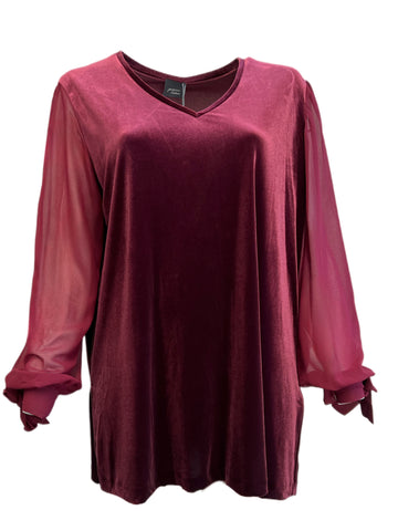 Marina Rinaldi Women's Red Ottone Velour Sheer Sleeves Blouse Size XL NWT