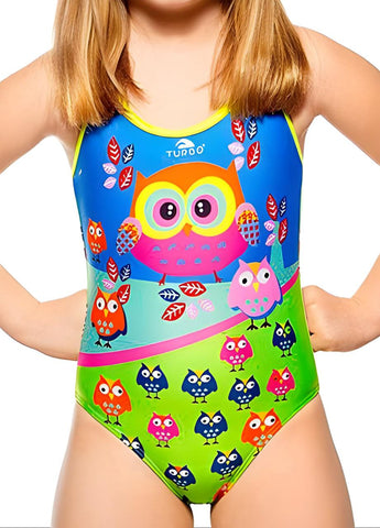 TURBO Girl's Multicoloured Owls Cross Back One Piece Swimsuit #8991514 2/4A NWT