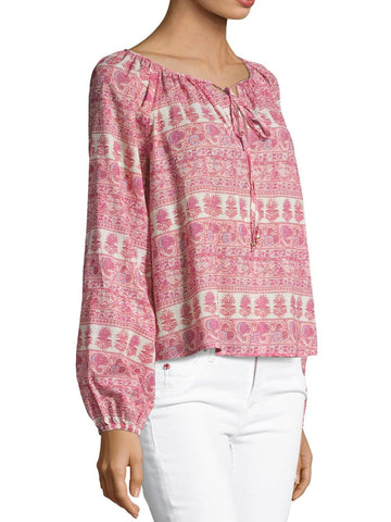 LOVESHACKFANCY Women's Red Multi Cotton Printed Peasant Blouse $225 NWT