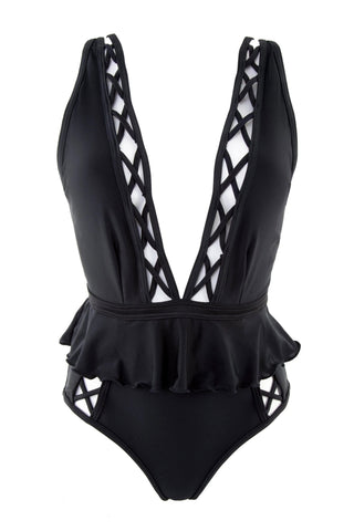 PEEK & BEAU Women's Black Lattice One Piece Swimsuit NWT