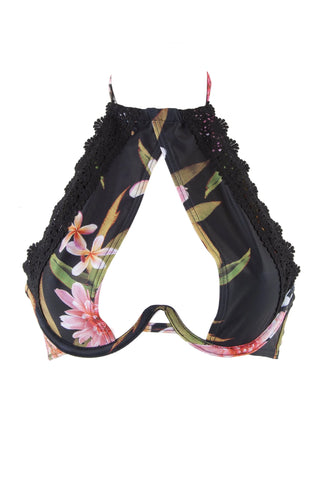 PEEK & BEAU Women's Black Floral Crochet High Neck Bikini Top NWT