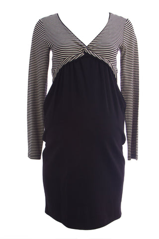 OLIAN Maternity Women's Black Ivory Stripes Knot Front A-Line Dress $130 NWT