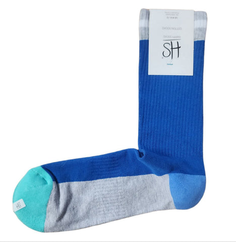 HAPPY SOCKS Men's Blue Ribbed Cotton Crew Stretchy Socks Size 8-12 NWT