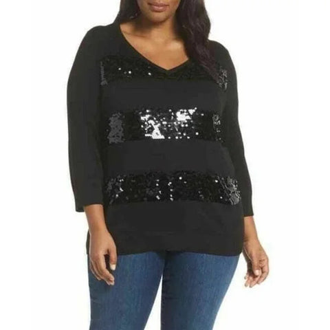 SEJOUR Women's Black Plus Size Sequined Stripes V-Neck Sweater Size 2X $89 NWT