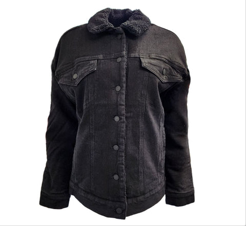 HoodLamb Women's Black Denim Sherpa Lined Hemp Oversized Jacket NWT