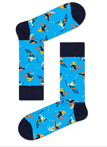 HAPPY SOCKS Men's Blue Organic Cotton Crew Downhill Skiing Socks Size 8-12 NWT