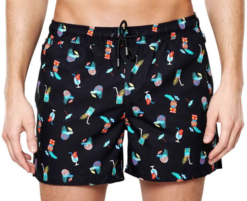 HAPPY SOCKS Men's Black Tiki Soda Mesh Lining Swimming Shorts NWT