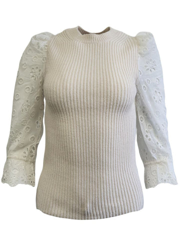 REBECCA TAYLOR Women's White Vanilla Eyelet Sleeve Sweater #919806 NWT