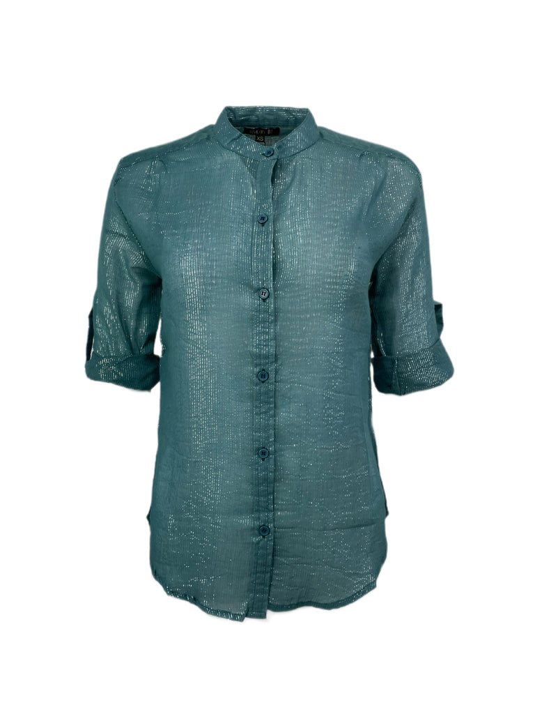 SUZIE KONDI Women's Teal Koubi Metallic Blouse #1004 $195 NWT