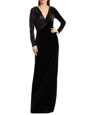 Teri Jon by Rickie Freeman Black Stretch-Velvet Sequin Gown $600 NEW
