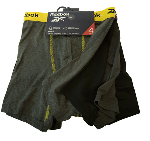 REEBOK Boy's Black/Grey 4-Pack Performance Boxer Briefs NEW