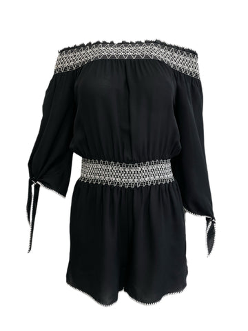 RACHEL ZOE Black Ebmroidere Off Shoulders Smoked Romper #104 S NWOT