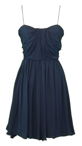 ELIZABETH MCKAY Navy Blue Silk Spaghetti Strap Pleated Tea Dress 5059 $260 NWT