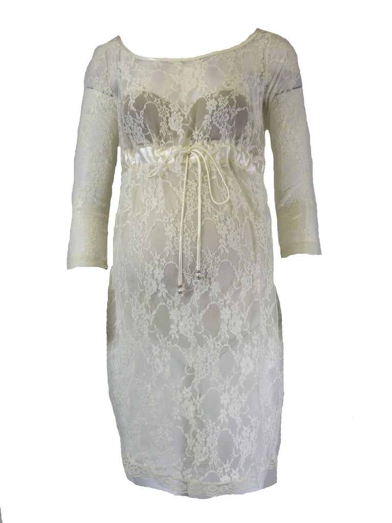 OLIAN Maternity Ivory Sheer Lace Dress with Beaded Waist Tie $130 NWT