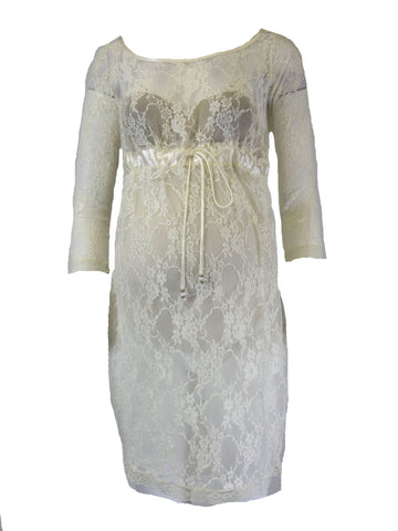 OLIAN Maternity Ivory Sheer Lace Dress with Beaded Waist Tie $130 NWT