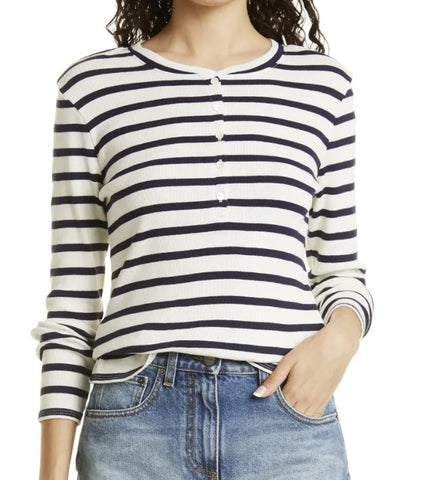 GANT Women's Navy and White Waffle Henley Top 405443 $82 NWT
