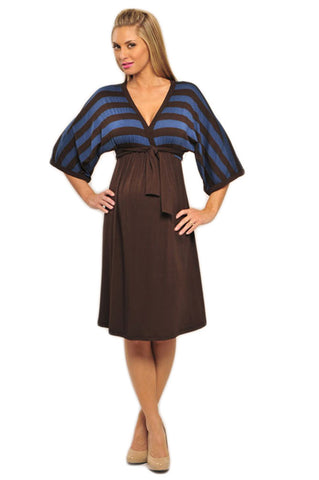OLIAN Maternity Women's Brown Blue Stripe V-Neck Front & Back Dress $125 NWT