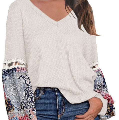 MIHOLL Women's Loose Fit Printed Sleeve Waffle Knit Blouse Size XXL $45 NWT