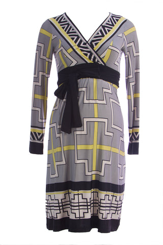 OLIAN Maternity Women's Grey Yellow Geometric Print Sandra Dress $143 NWT